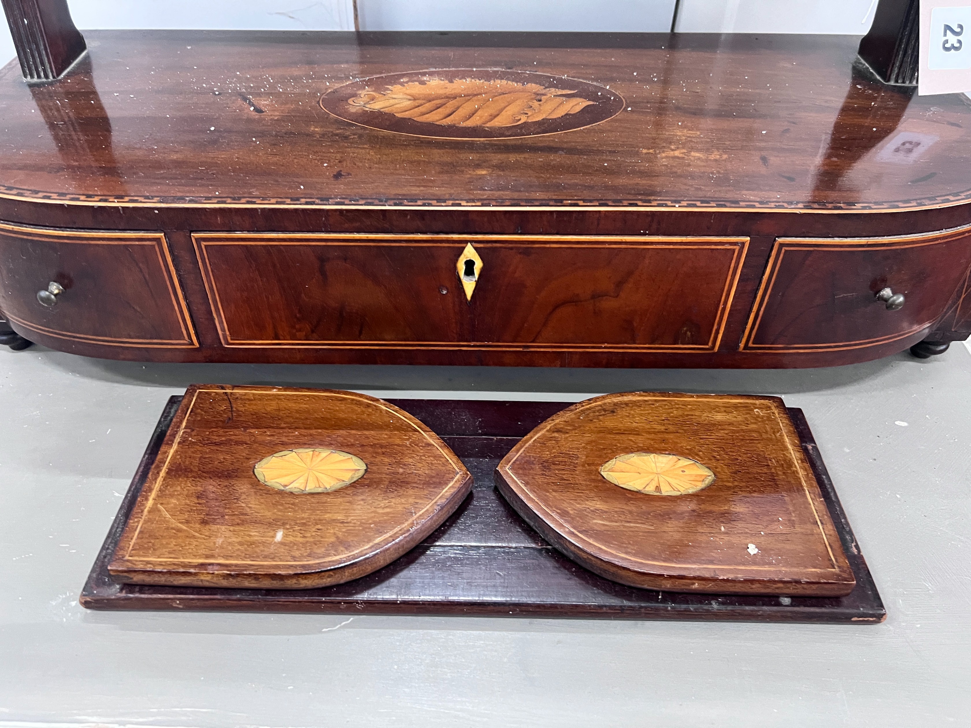 A George III inlaid mahogany toilet mirror, width 55cm, height 57cm together with an Edwardian inlaid book slide *Please note the sale commences at 9am.